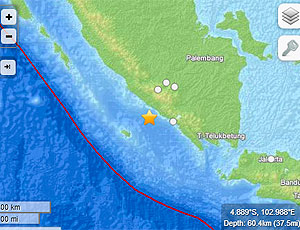 Близ острова Суматра произошло 5-балльное землетрясение