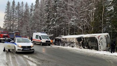 Туристический автобус вылетел с трассы в Карелии и перевернулся