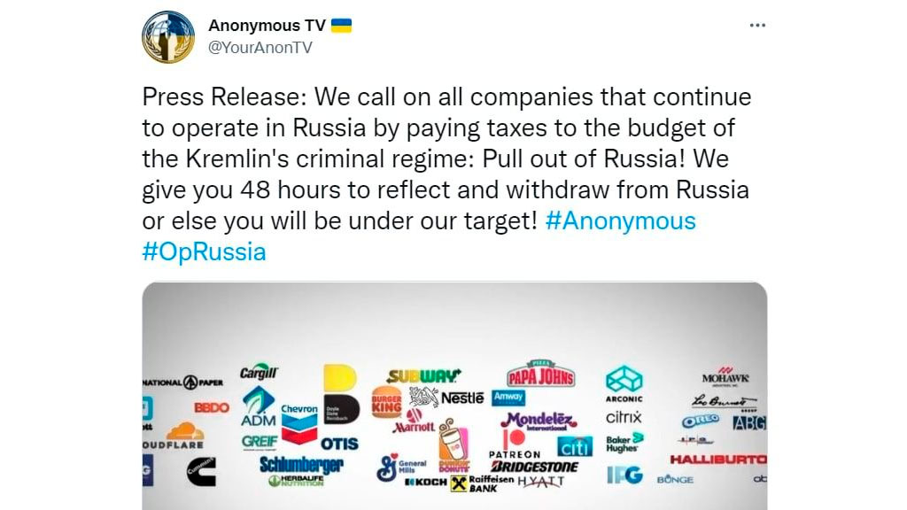 Новый День: Хакеры Anonymous угрожают взломами оставшимся в России иностранным компаниям