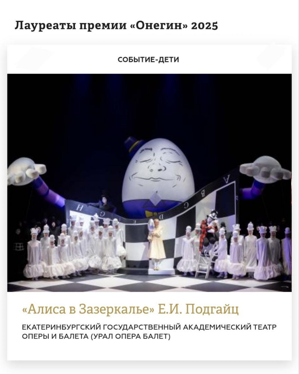 «Урал Опера Балет» взял «оперный Оскар» за «Алису в Зазеркалье»