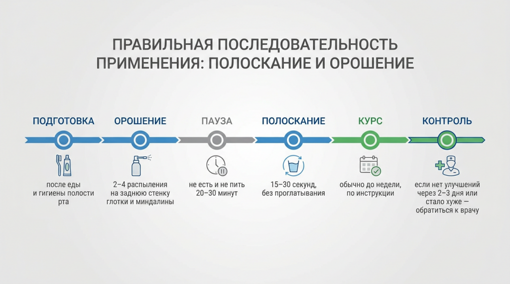 подготовка (после еды и гигиены полости рта), орошение (2-4 распыления на заднюю стенку глотки и миндалины), пауза (не есть и не пить 20-30 минут), полоскание (15-30 секунд без проглатывания), курс (обычно до недели по инструкции), контроль (если нет улучшений через 2-3 дня или стало хуже — обратиться к врачу)