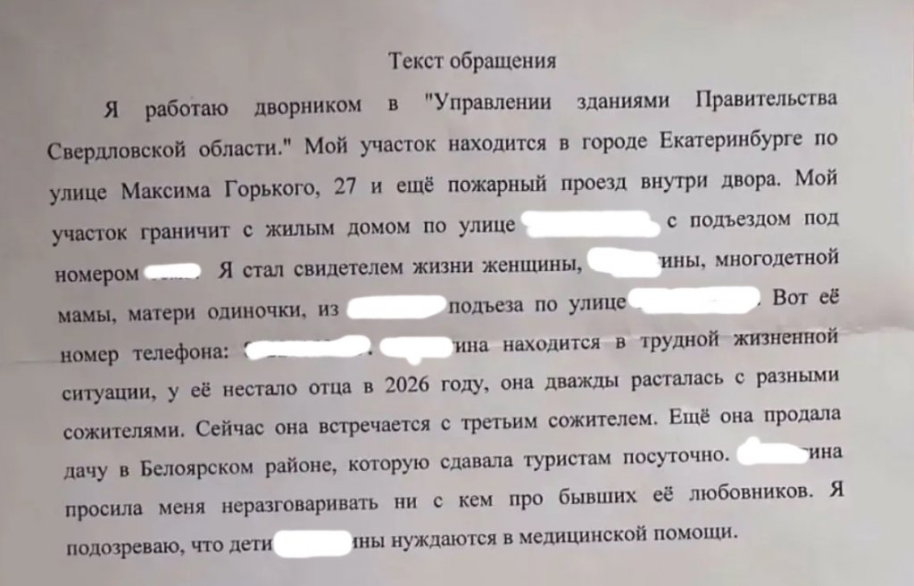 К многодетной екатеринбурженке пришла опека из-за жалобы неграмотного дворника